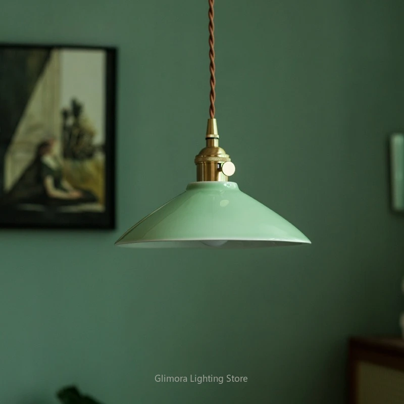 Antique Bean Green Glaze Ceramic Pendant Lamp, Chinese Style, Ceramic & Metal