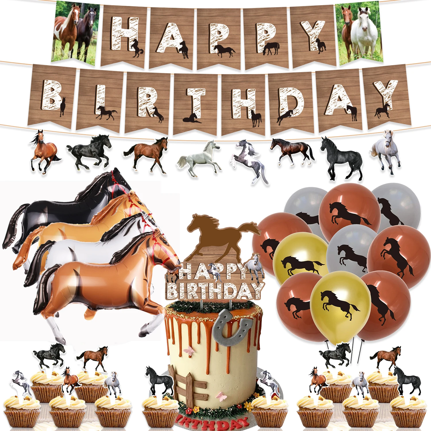 Kids Birthday Party Gallant Horse Pony Theme Decoration Banner Balloon Cupcake Cake Topper Party Favor Sticker Gift Bag