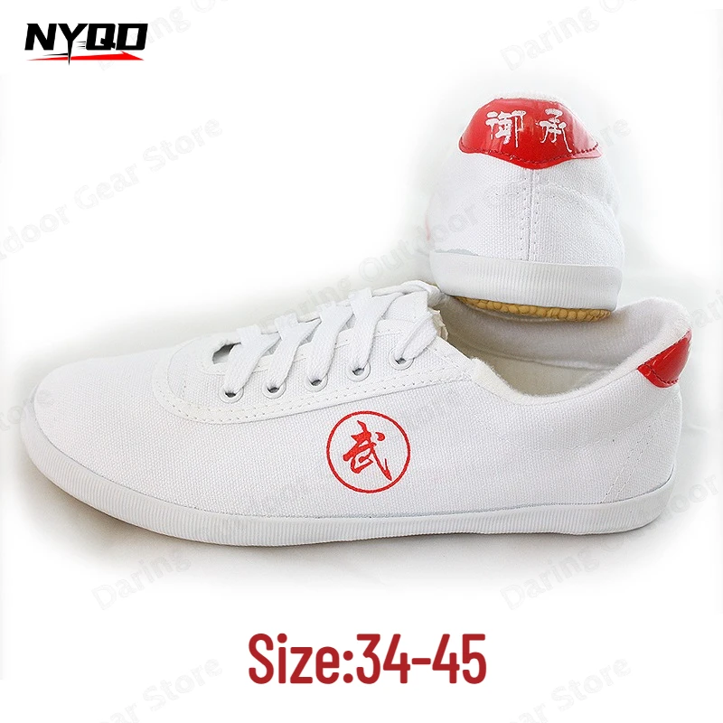 Unisex White Wushu Tai Chi Canvas Shoes Rubber Sole Kung Fu Sneakers for Martial Arts Training Gymnastics Jumping Practice