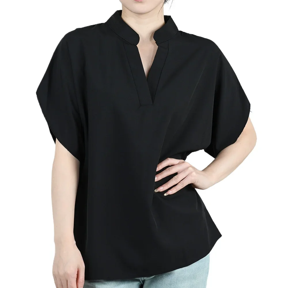 

Plus Size Chiffon Blouse For Women Short Sleeve Loose Fit V Neck Tops Woman Pull Over Shirts Stand Collar Summer Tees S-3XL