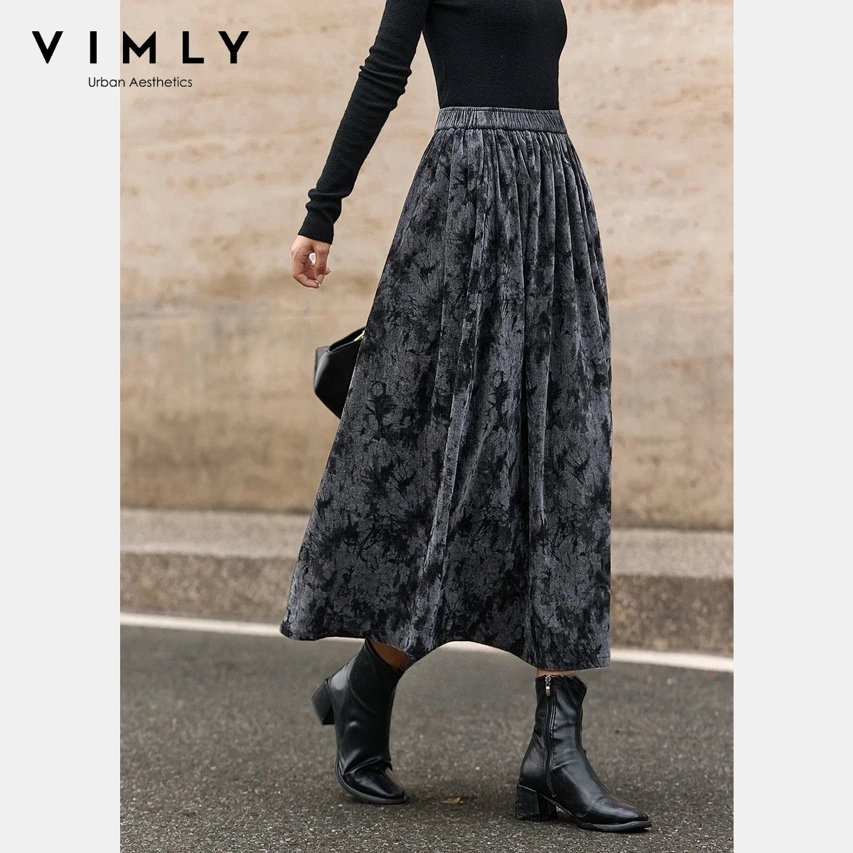 VIMLY تنورة طويلة للنساء 2025 الشتاء تنوعا الطباعة مرونة الخصر ألف خط محبوك التنانير ملابس نسائية فضفاضة غير رسمية A3278