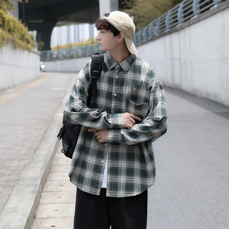 Heren Overhemden Casual Streetwear Jeugdige Geruite Losse Tieners In Japanse Stijl Vitaliteit High Street Lange Mouw Herfst All-Match