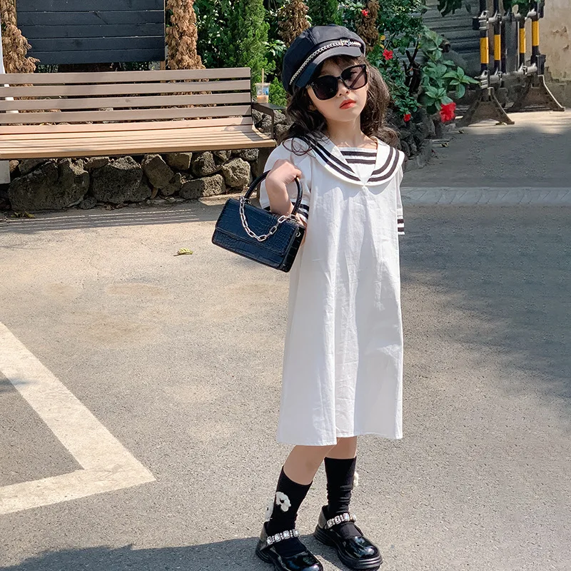 

JUCPKID 2024 Korean Summer Children Girl One-piece Dress Teenager Girl Academic Style Navy Collar Dress School Girl Dress