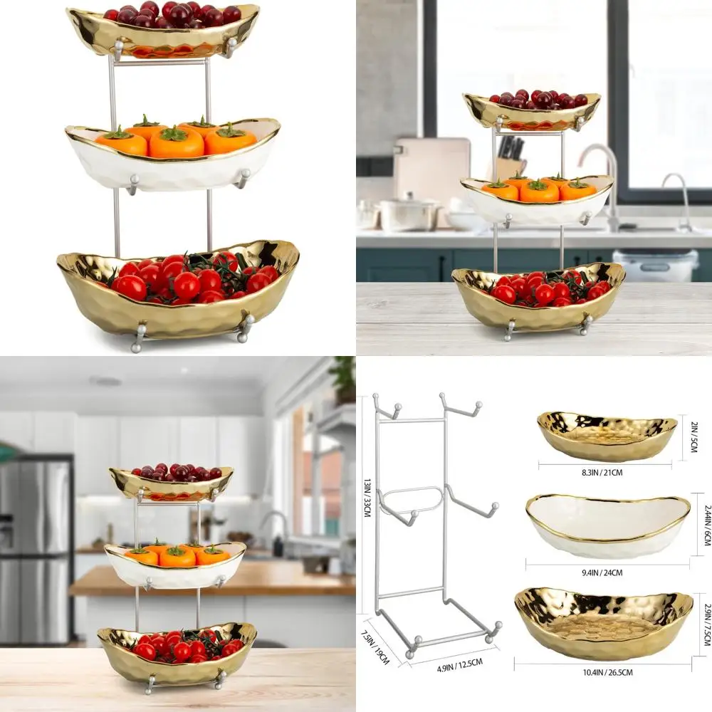 

3-х уровневая керамическая ваза для фруктов с металлической подставкой для кухонной стойки, сервировки и хранения фруктов и овощей