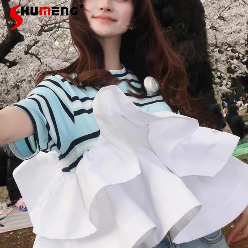 

Japanese Contrasting Striped Ruffle Edge O-Neck Short-sleeved T-shirt Top Women's Clothing Kawaii Tees Tshirt 2 Colors Optional