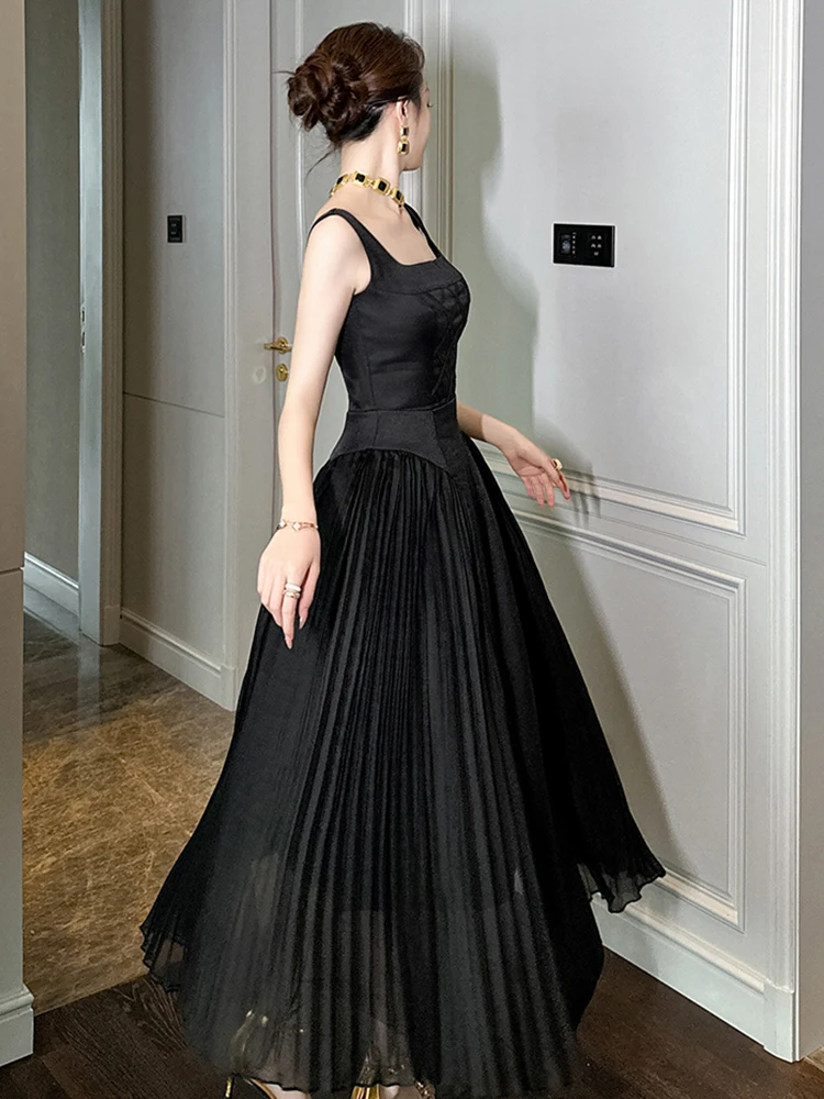 Vestido de noite socialite francês feminino sexy elegante alça preta longo plissado robe senhora festa fiesta vestidos mujer roupas