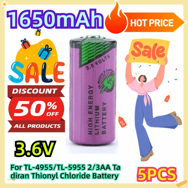 For TL-4955/TL-5955 2/3AA Tadiran 3.6V 1650mAh Thionyl Chloride Battery 5pcs