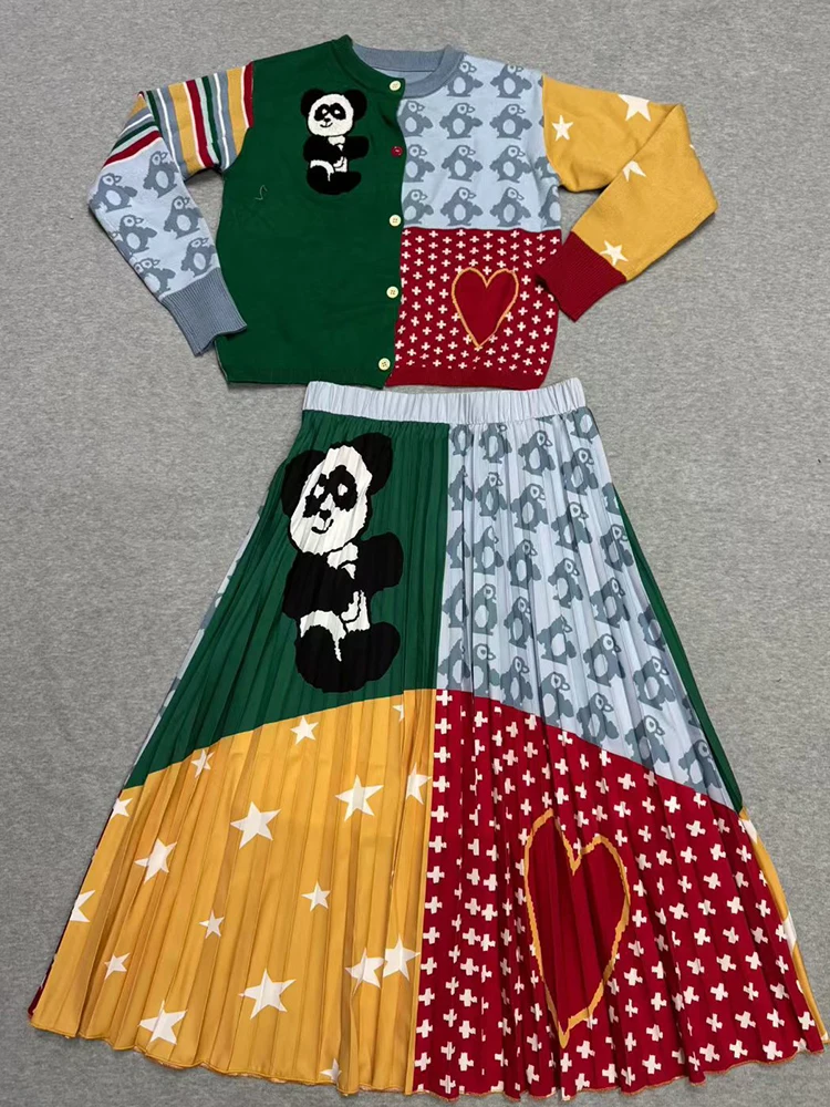 

A retro geometric color-blocked knitted cardigan two-piece set + loose pleated skirt fashion set for autumn 2025 women's wear