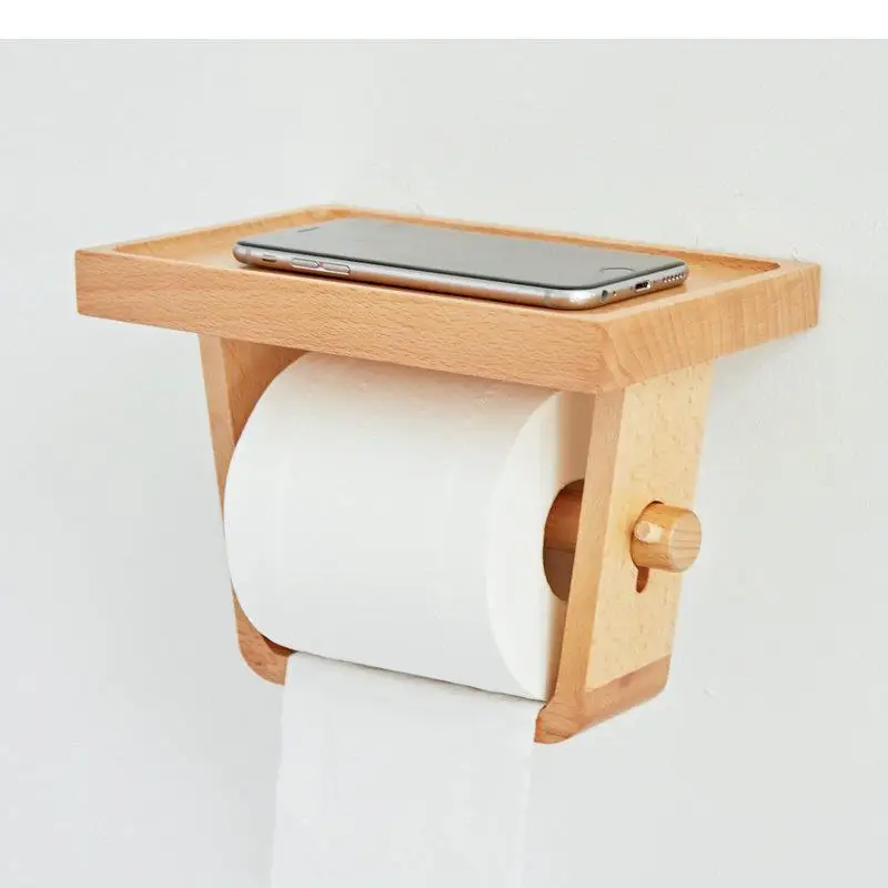 Solid Wood Tissue Holder Toilet Roll Wall Mounted Box Napkin Holders Paper Towel Organizer Shelf