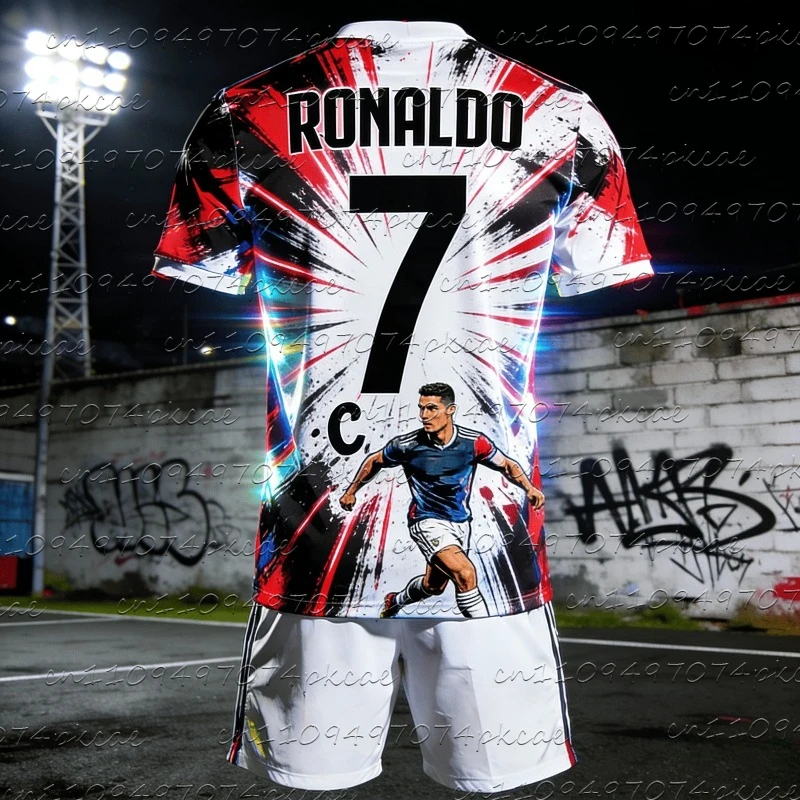 

2Pcs Ronaldo #7 Graffiti with Player Graphic Crew Neck T-shirt+Shorts Adult Summer Sports Football Jersey Training Outfit Set