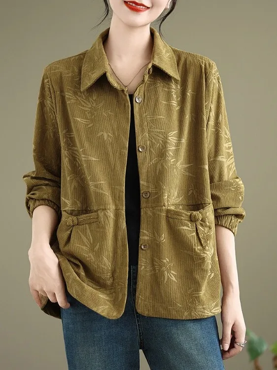 سترة قميص مخملية بطبعة أوراق الخيزران بتصميم عتيق، مقاس كبير للنساء، بزر واحد وياقة مفتوحة وأكمام طويلة، كارديجان كاجوال مفتوح #4