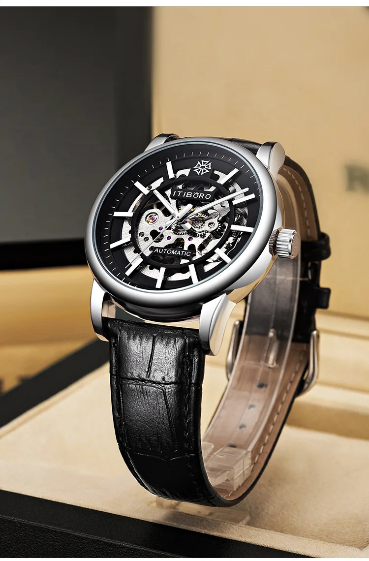 

Fully automatic man watch mechanical watches fashion trend hollow out waterproof leather strap watch for men relogio masculino