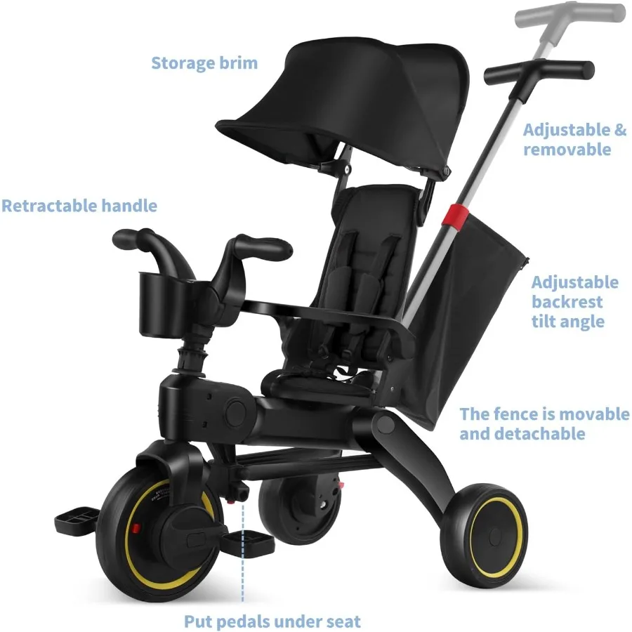 5-in-1 Compact Foldable Tricycle - Suitable for Toddlers 10 to 36 Months Push Tricycle Bike for Toddlers with Removable Handle