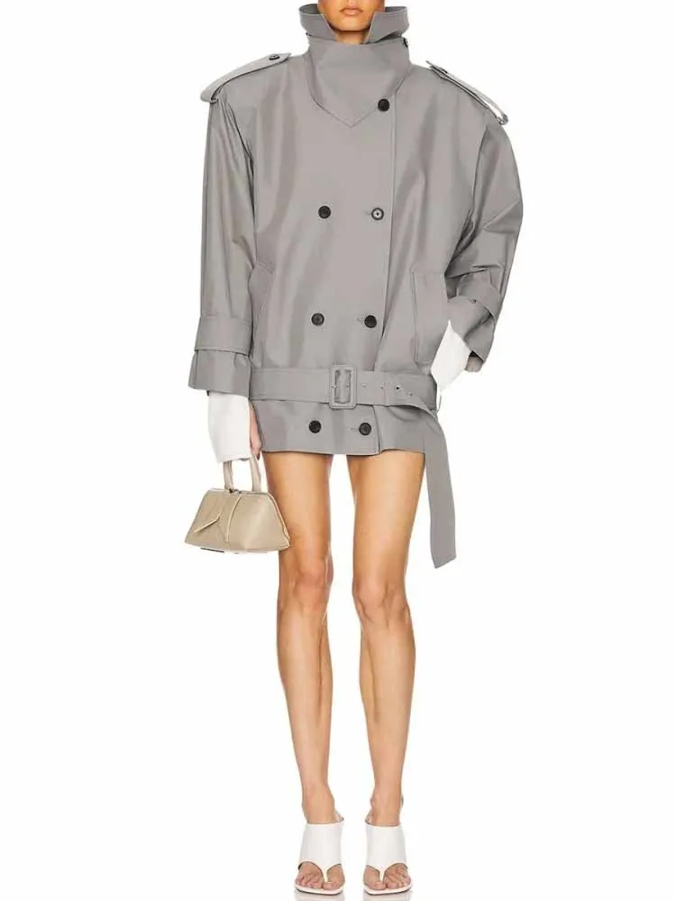 الرجعية رمادي خندق معطف المرأة فضفاضة مزدوجة الصدر سترة التلبيب كم كامل Cinched الخصر التعادل سترة واقية 2025 الخريف ملابس خارجية #6