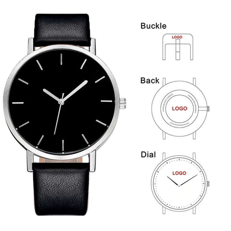 

Add Your Own Name On Watch Face Black Leather Quartz Movt Company Name Brand Custom Watch Logo