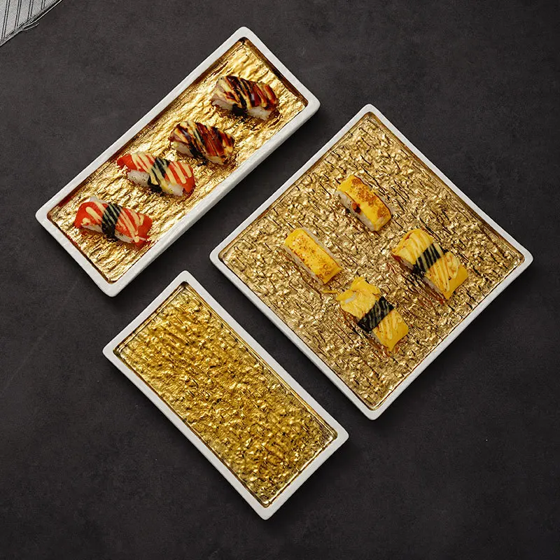Japanese-style Cuisine on The Barbecue Plate Creative Round Plate Sashimi Steak Plate Commercial Artistic Conception Dish.