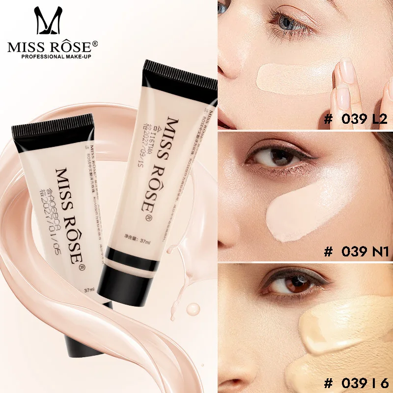 MISS ROSE 37ml Squeeze Tube Liquid Foundation Natural Light Concealer Fine Texture Daily Facial Makeup Foundation Cream Cosmetic