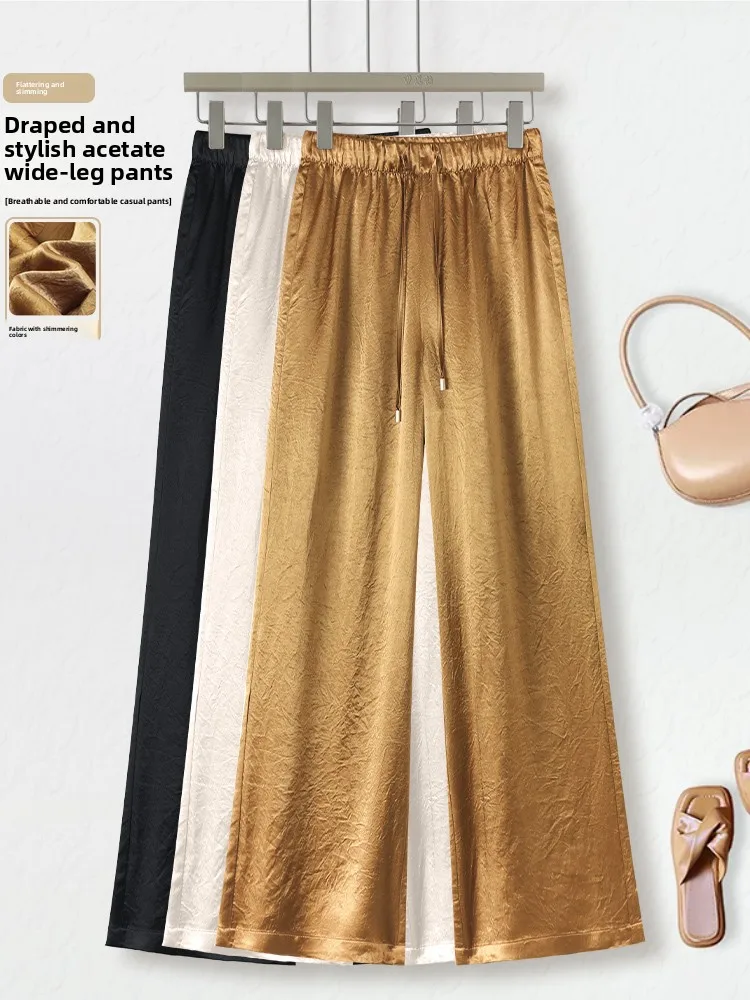 

Silk Wide Leg Pants Women Summer Thin High Waist Loose Drape Casual Satin Viscose Pants Korean Style Commute High Waist Strai...