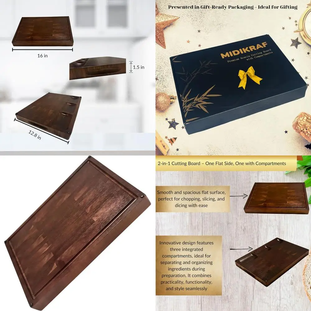 

Versatile Acacia Wood 2-in-1 Cutting Board & Serving Tray with Compartments, Non-Slip Base, and Finger Grips – Perfect for Charc