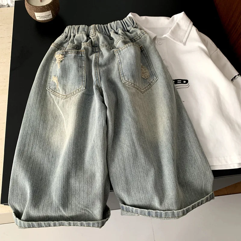 Boys Pants 2026 Spring and Summer New Children's Clothes Korean Style Boys and Girls Straight Tube To Do Old Ripped Jeans