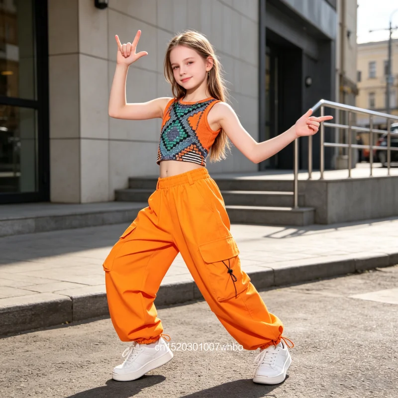 New Jazz Dance Clothing Fabric Kpop Hip-hop Street Style Clothing Geometric Print Crop Tank Top Orange Casual Jogger Work Pants