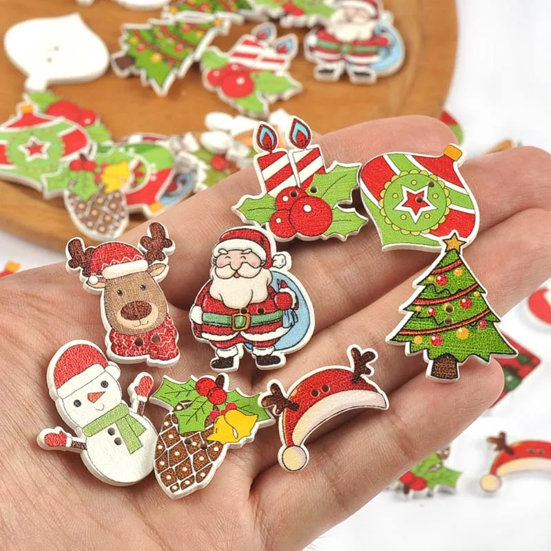 50pcs 2-3cm Mixed Christmas Printed Flatback Wooden Buttons For Sewing Accessories DIY Xmas  Party Home Decor Handmade Materials