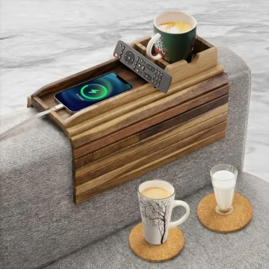 

Поднос-органайзер для дивана с 2 пробковыми подставками, складной, противоскользящий, для подлокотника, с защитой от проливания, для пульта, закусок, телефона