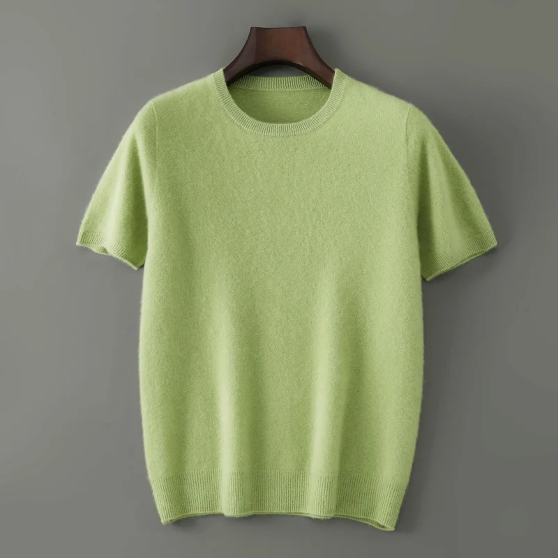 Spring and Summer New 100% Pure Cashmere Knitted T-Shirt Men's Round Neck Short Sleeved Pullover Loose Cashmere Solid Color Top