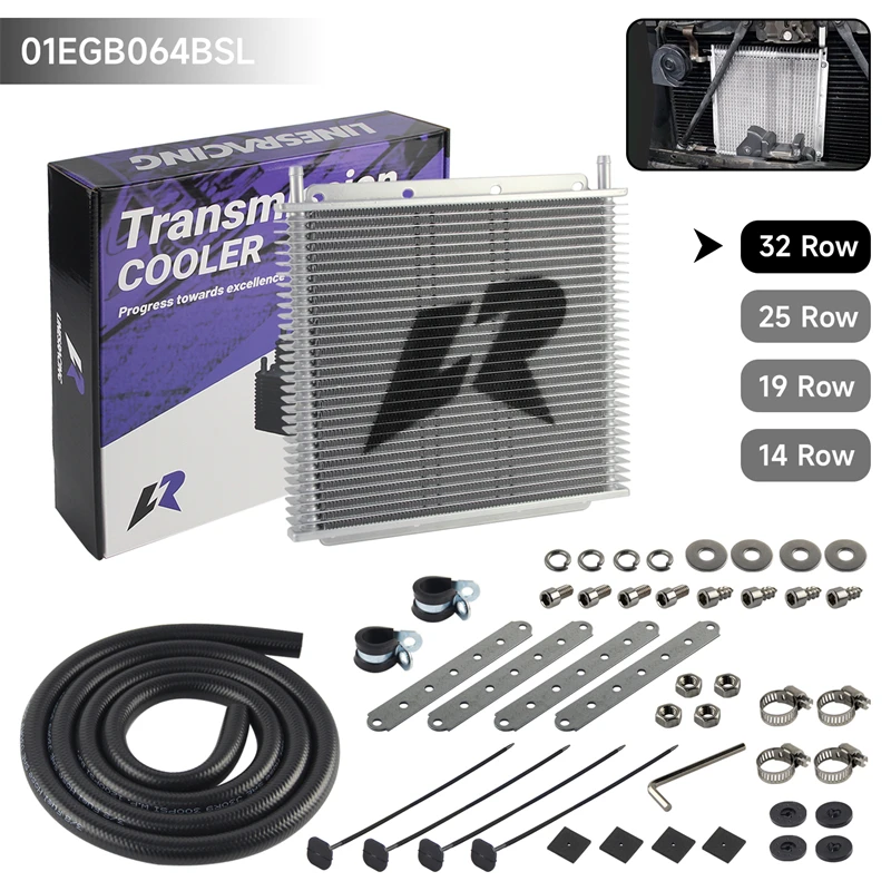 

Oil Cooler Kit 32 Row Transmission Universal 11"x10"x0.75" (280x254x19mm) inlet/outlet 9.6mm 3/8" Barb Tube&fin Aluminum Silver