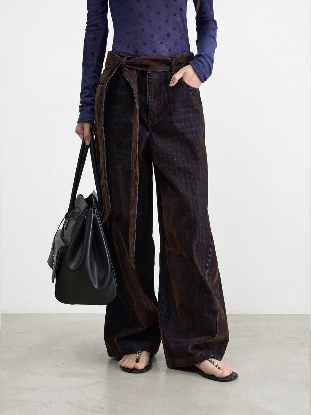 

LANVIVIER High Waist Straight Leg Denim Jeans Women's Floor-Length Washed Vintage Belted Drapey Gradual Brown Jeans