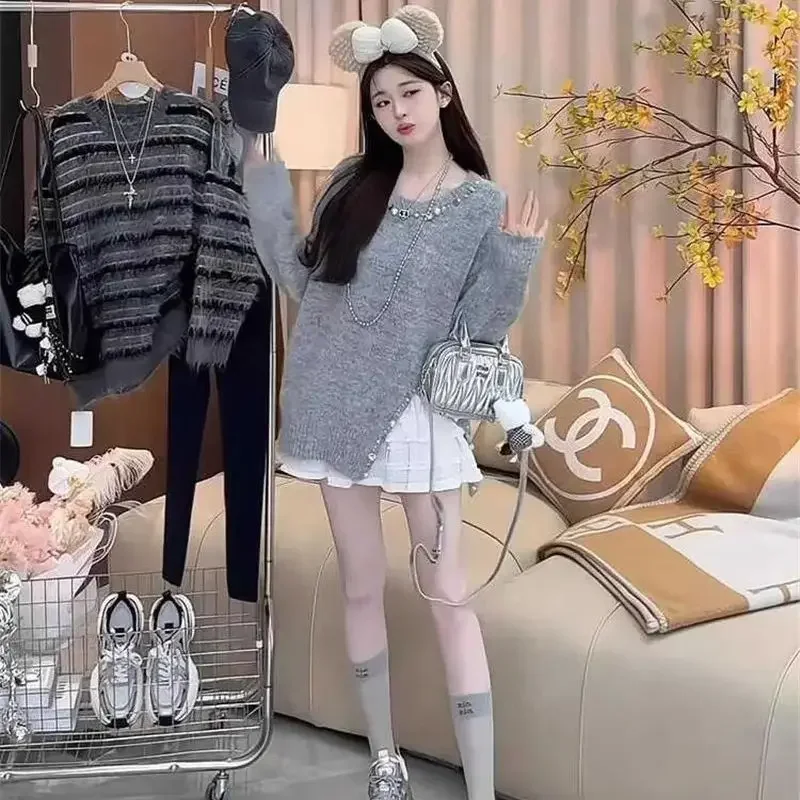 女性用ラウンドネックウールセーター,ソフトニットセーター,ルーズカシミヤジャンパー,パールスリット,韓国ファッション,秋冬