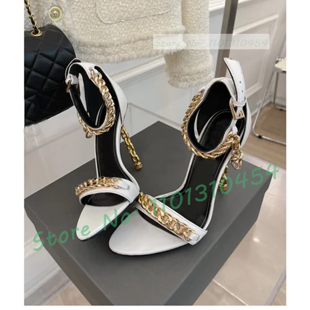 Chain-link Heel Leather Sandals Female Sexy Metal Ankle Strap Pointy Shoes Women Luxury Casual Fashion High Heels Party Sandals