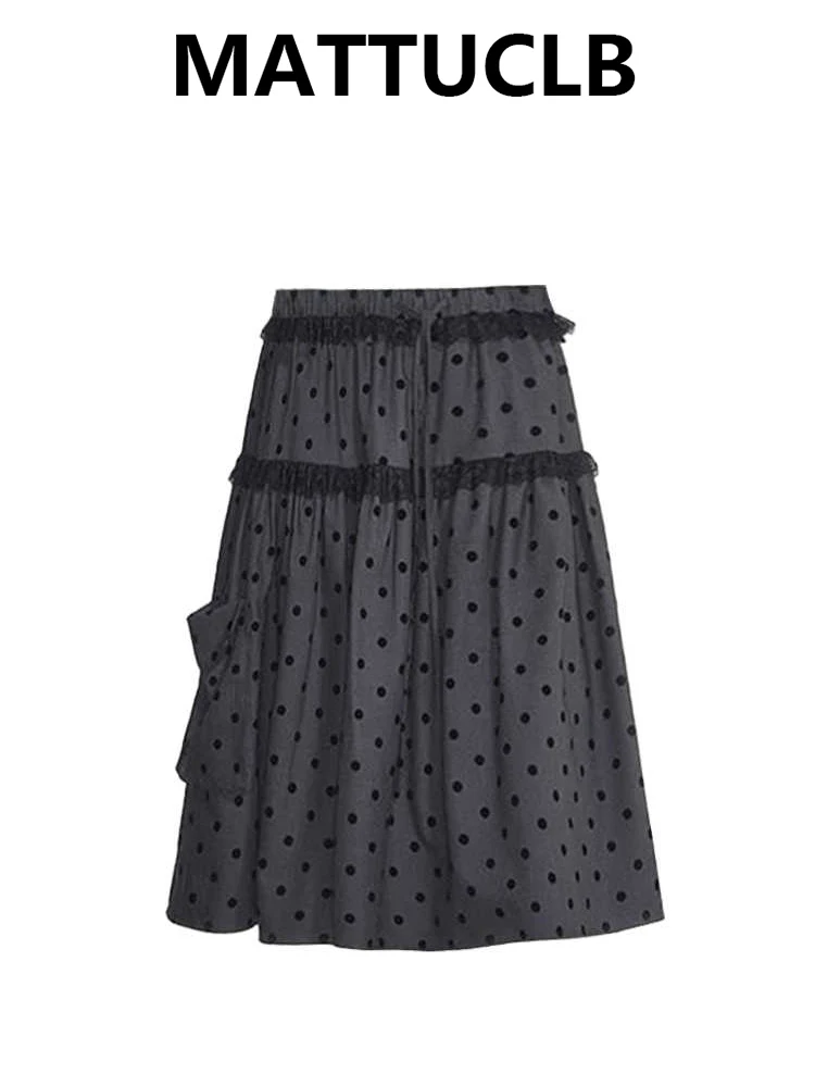 

2025 Autumn Winter Women Korean Fashion Vintage Polka Dot Midi Skirt 2000s Aesthetic Y2k Preppy Style Shoujo Design New A-line