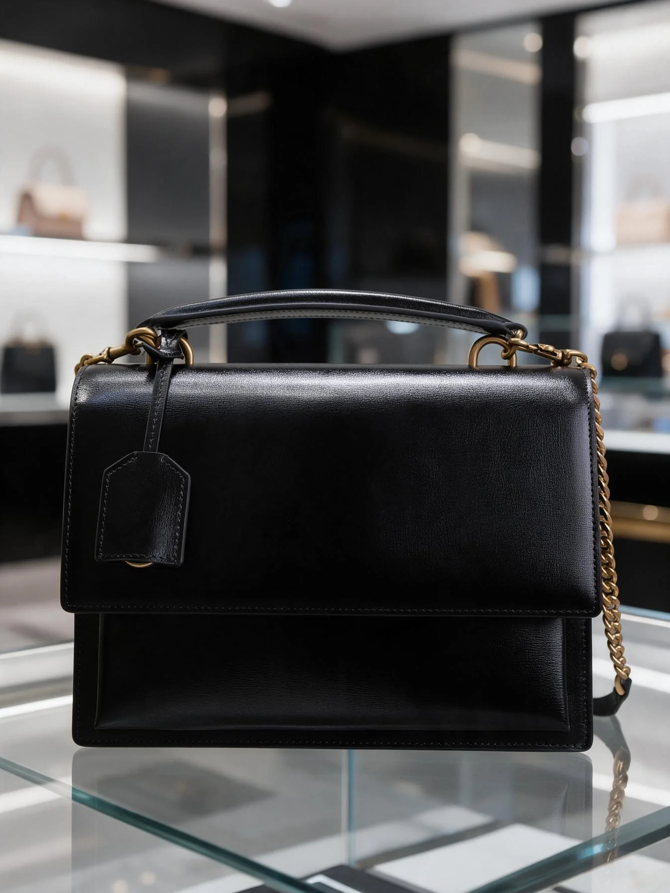 Glossy Cowhide Top Handle Handbag Women Chain Crossbody Bag Minimalist Square Flap Bag Luxury Ladies Commuter Shoulder Bag