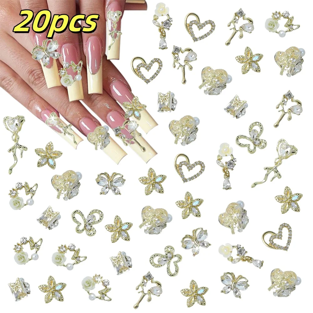 

20/22Pcs Gold Flower Butterfly Nail Dangles Shaped Rhinestones Nail Charm Luxury Metal Heart 3D Nail Art Decor Manicure Jewelry*