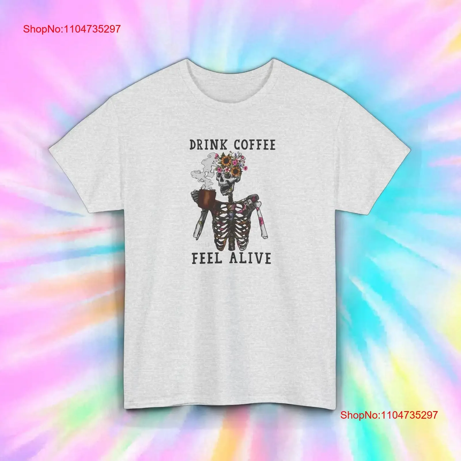 Boisson café sensation vivante squelette Floral t-shirt S 5XL vintage lavé graphique élégant respirant confortable