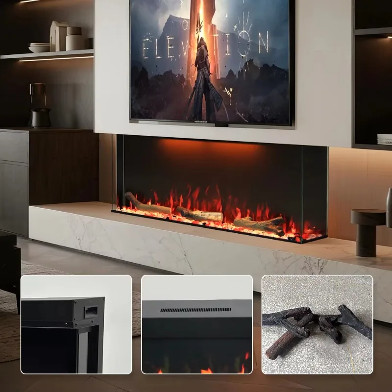 Modern Style 3 Sided Electric Fireplace Smart Control Tempered Glass 400 SQ FT Heating Class Energy Efficiency Built-In Heater