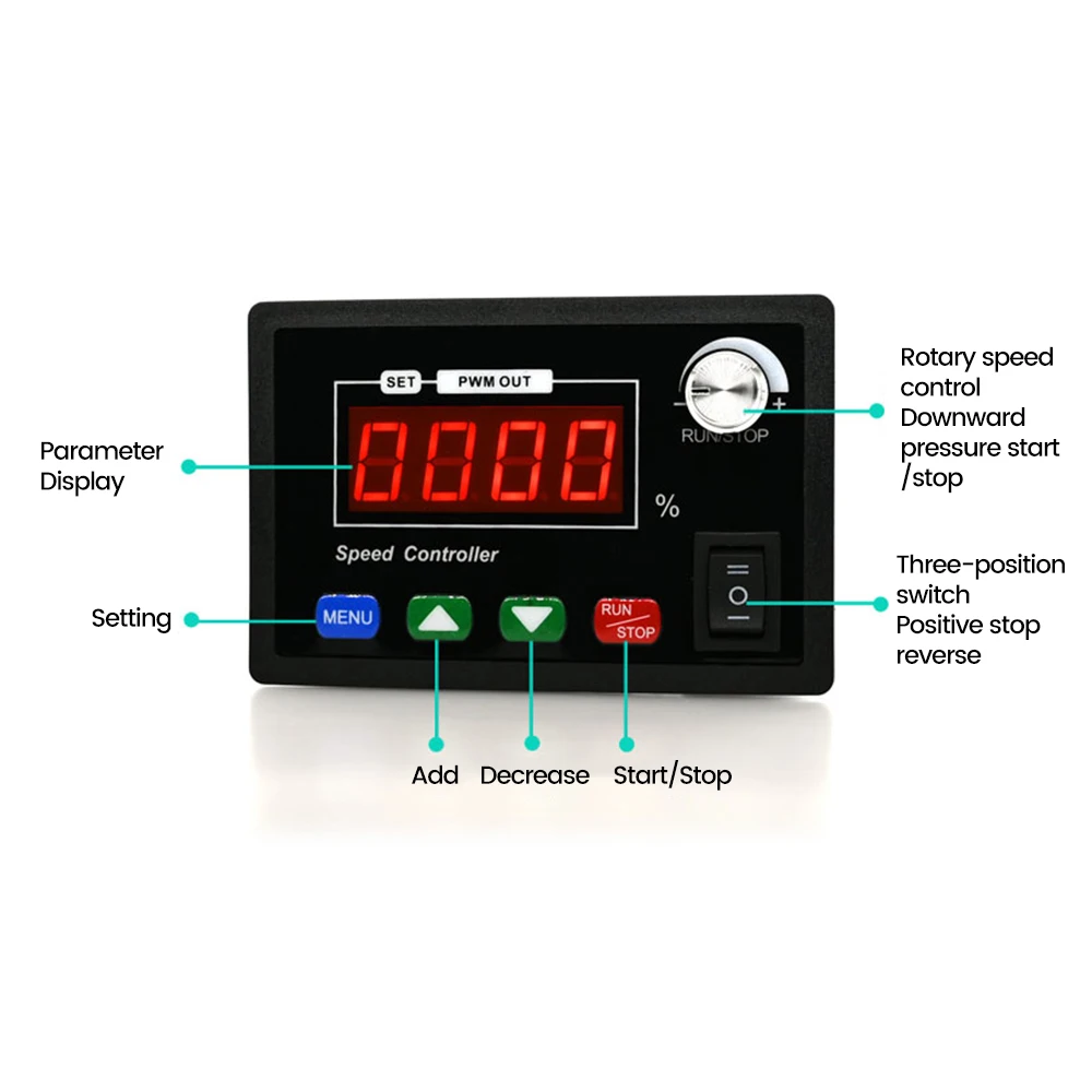 Controlador de Motor de CC DC10-55V 40A, velocidad ajustable PWM, pantalla Digital de 4 bits, tacómetro de tubo, interruptor de botón, perilla de regulación de velocidad