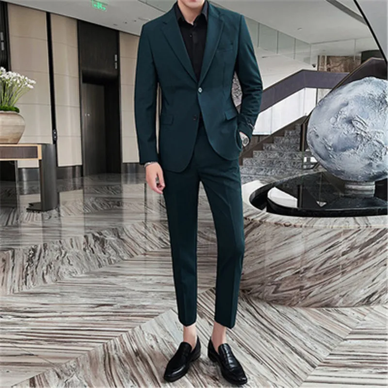 

High Quality 2 Pieces Suits with Pants Men Suits Set Slim Fit Casual Green Blazer Prom Dress Youth Man Clothes Ternos Costume
