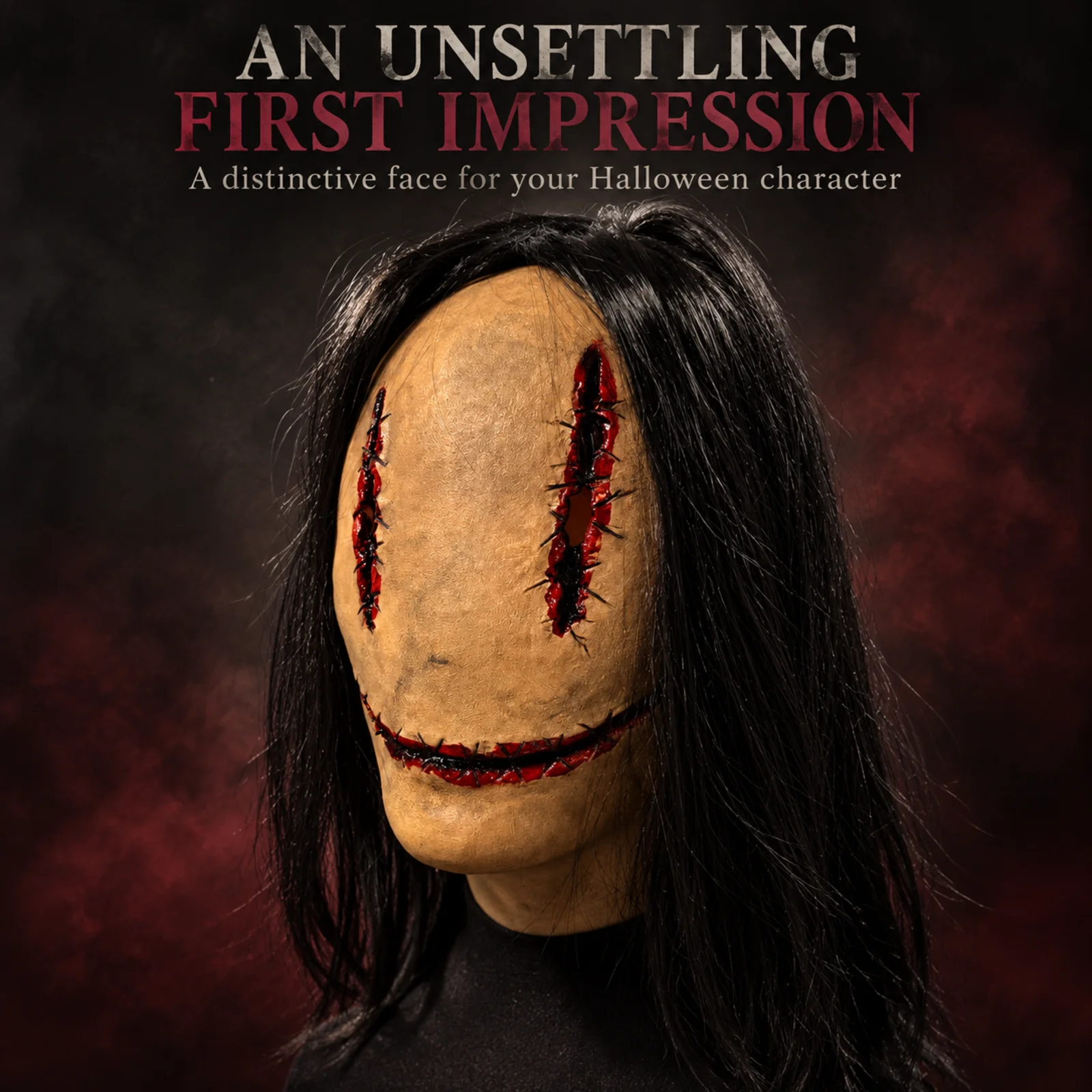 Halloween Bloody Stitched Scar Mask Black Long Hair Wig Latex Faceless Ghost Mask Horror Zombie Haunted House Party Props