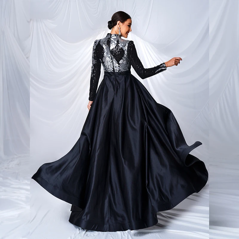 Women Performance dress Long Sleeve O Neck Black Silver Sequins Ball Gown Cocktail Prom Formal Occasion Dresses