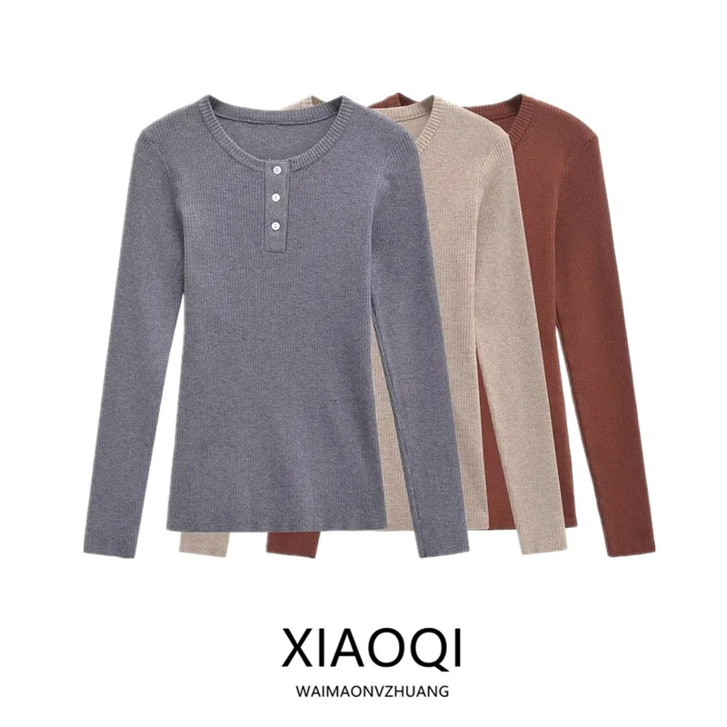 

Осенне-зимняя женская длинная футболка Sve round Ne, модный универсальный топ на пуговицах в рубчик, топ для поездок на работу