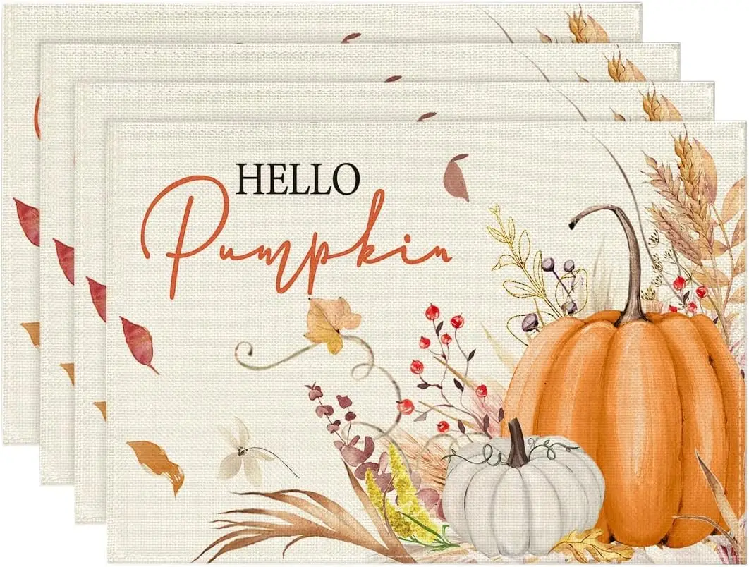

1PC Artoid Mode Orange Hello Pumpkin Leaves Fall Placemats Autumn Thanksgiving Harvest Watercolor Table Mats for Dining Party