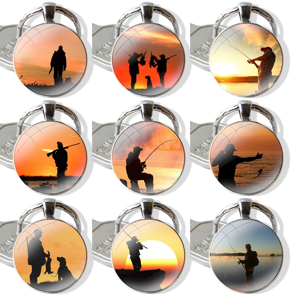 Hunting dog and fishing man Keychain Glass Cabochon Metal Pendant Classic Men's Women's Keyring