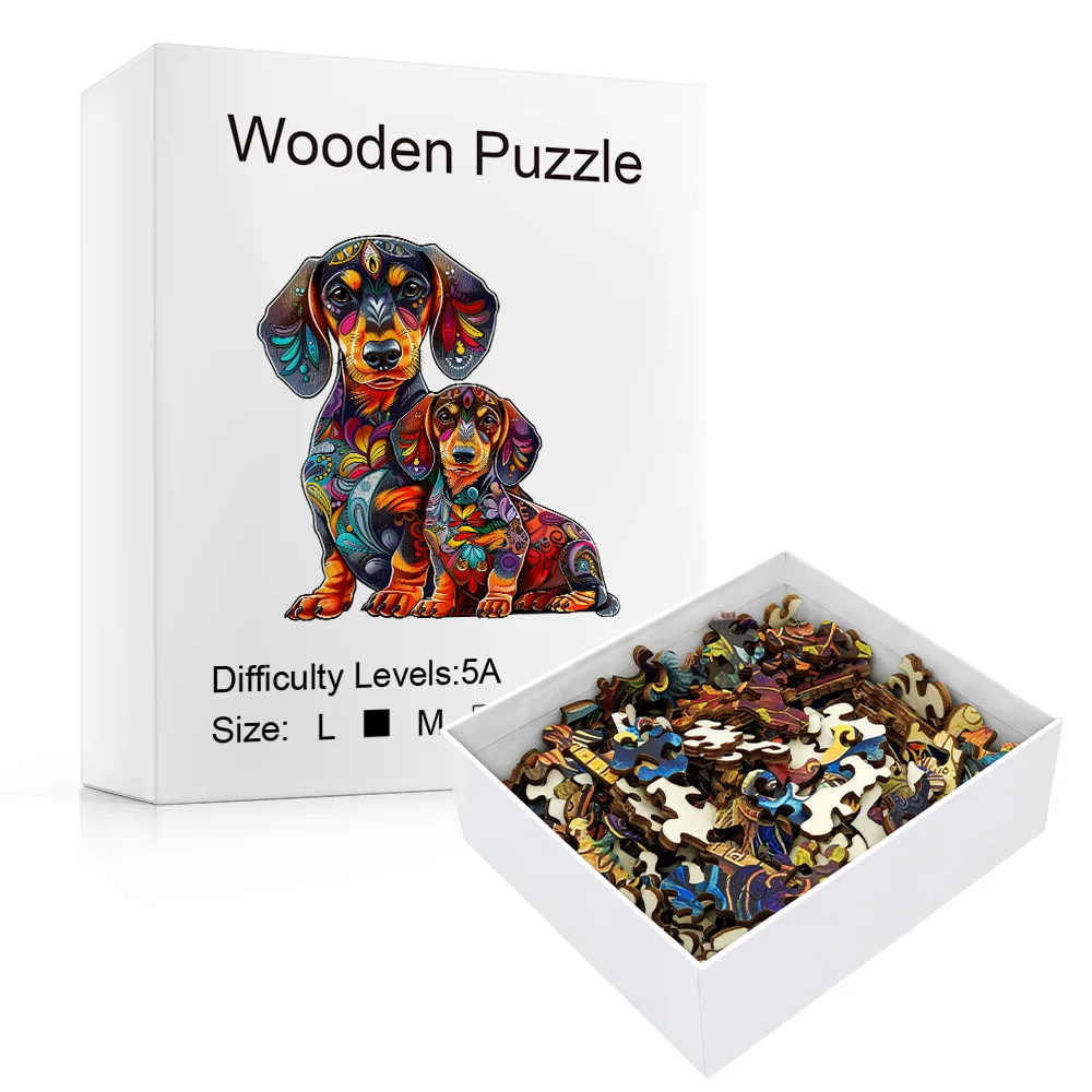 Puzzle en bois en forme d'animal irrégulier pour adulte, jouet de famille de chien de saucisse, boîte en papier exquise, cadeau unique, art de puzzle