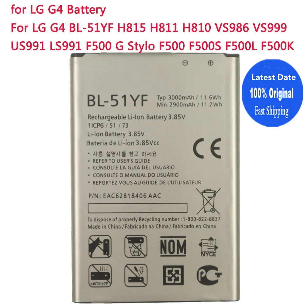 Batería BL 51YF para LG G4 BL-51YF H815 H811 H810 VS986 VS999 US991 LS991 F500 G Stylo F500 F500S F500L F500K