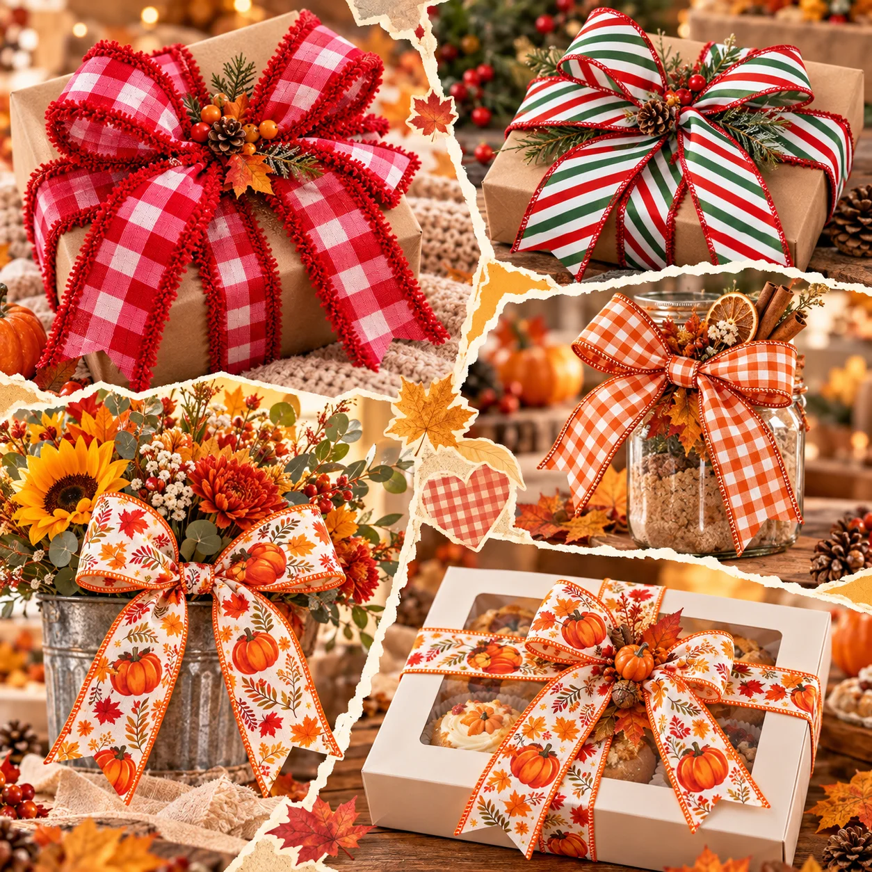 Fall Thanksgiving Ribbon Orange Buffalo Plaid Pumpkin Maple Leaf Ribbon for Halloween Christmas Wreath Gift Wrapping Craft Decor