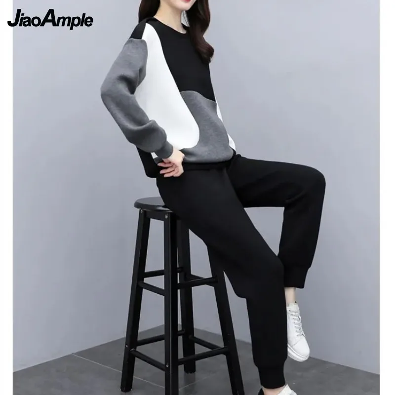 Women\'s Fashion Tracksuit Suit 2024 Autumn Casual Sweater Top Pants Two-Piece Korean Elegant Color-blocking Blouse Trousers Set