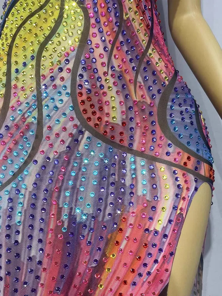 Alta qualidade carimbo quente e bloqueio de cor sexy pendurado pescoço fino ajuste split vestido 2025 nova moda roupas femininas personalizadas