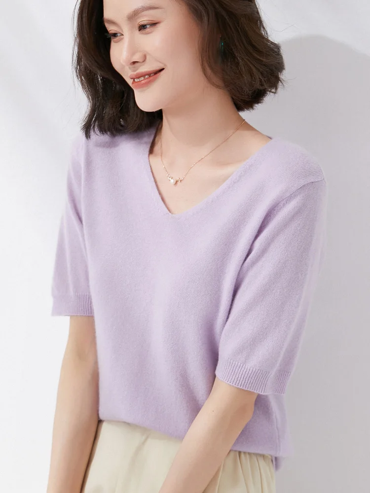 New 100% Merino Wool Women\' Sweater V-neck Solid Color Pullover Spring Summer Half sleeved Basic Clothing Base Sweater Casual